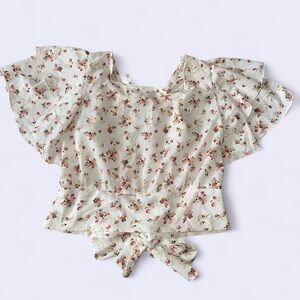 Francesca's Collections Cream Floral Tie-Front Ruffle Sleeve Top